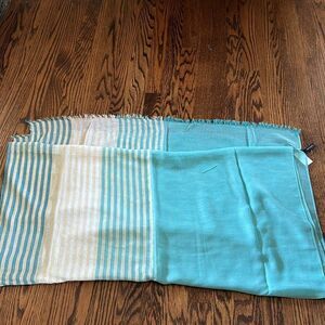 Bloomingdale’s lightweight woven aqua offset sparkle tan stripe scarf/wrap. NWT